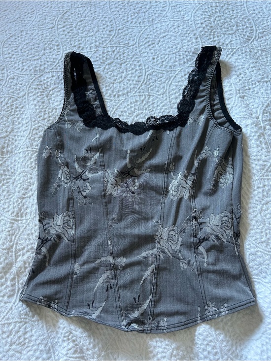 Arianne Tops - Vintage Arianne Gray Floral Lace-Trim Tank Top